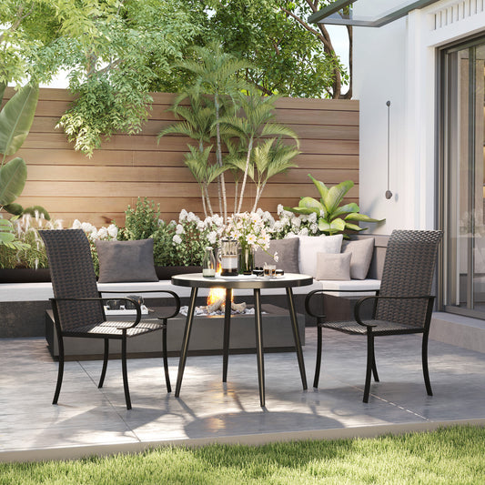 Set Of 2 Outdoor Wicker Dining Chairs With Armrest, Steel Frame, High Back And Deep Seating, Brown