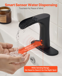 Touchless Bathroom Sink Faucet, Automatic Motion Sensor Waterfall Restroom Toilet Faucet With Hole Cover Plate, Modern Electronic Sensor Hot/Cold Water For 9/16 In Pipe Commercial,Matte Black