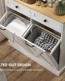 Tilt Out Laundry Hamper Cabinet, Bathroom Storage Cabinet with 2 Removable Baskets and 2 Drawers, White