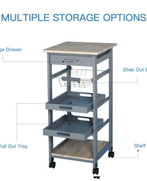 Mobile Kitchen Cart, Rolling Kitchen Island with Storage, Solid Wood Frame Utility Cart with Wire Fruit Baskets, Trays and Drawer, Gray