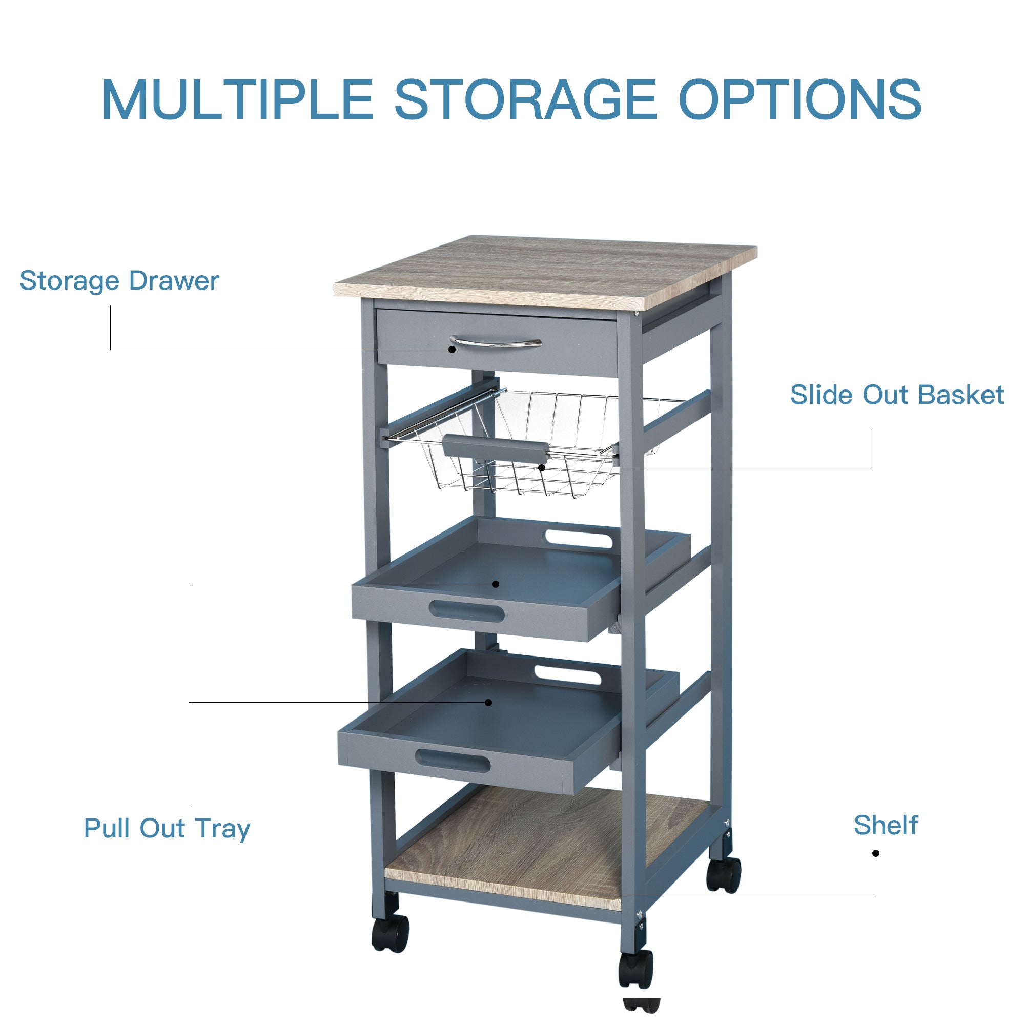 Mobile Kitchen Cart, Rolling Kitchen Island with Storage, Solid Wood Frame Utility Cart with Wire Fruit Baskets, Trays and Drawer, Gray