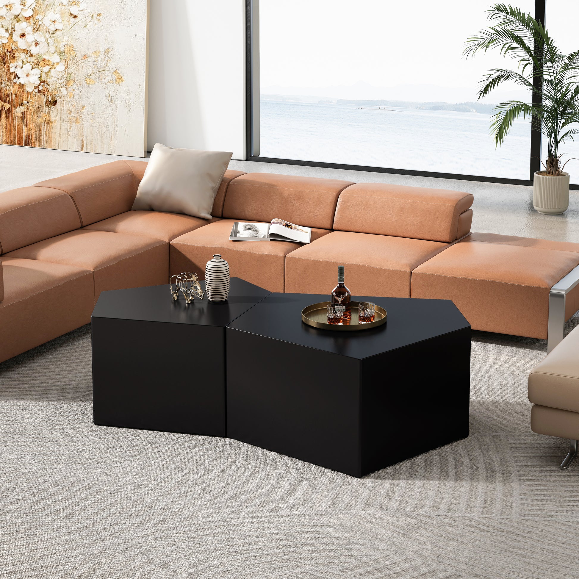 Irregular Pentagon Nesting Coffee Table Set, Geometric Coffee Table Set, Side Table Set, Cocktail Table Set, Center Table Set For Living Room, Bedroom, Black Set Of 2 Pieces