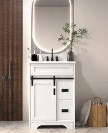 24 Bathroom Vanity With Single Sink Combo, Farmhouse Undermount Bathroom Sink Cabinet With Sliding Barn Doors And 2 Drawers, Freestanding Bathroom Vanities,White