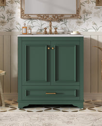 30 Luxurious Bathroom Vanity With Ceramic Sink, Bathroom Vanities Cabinet With 2 Large Soft Closing Doors, Solid Wood Frame Bathroom Storage Cabinet