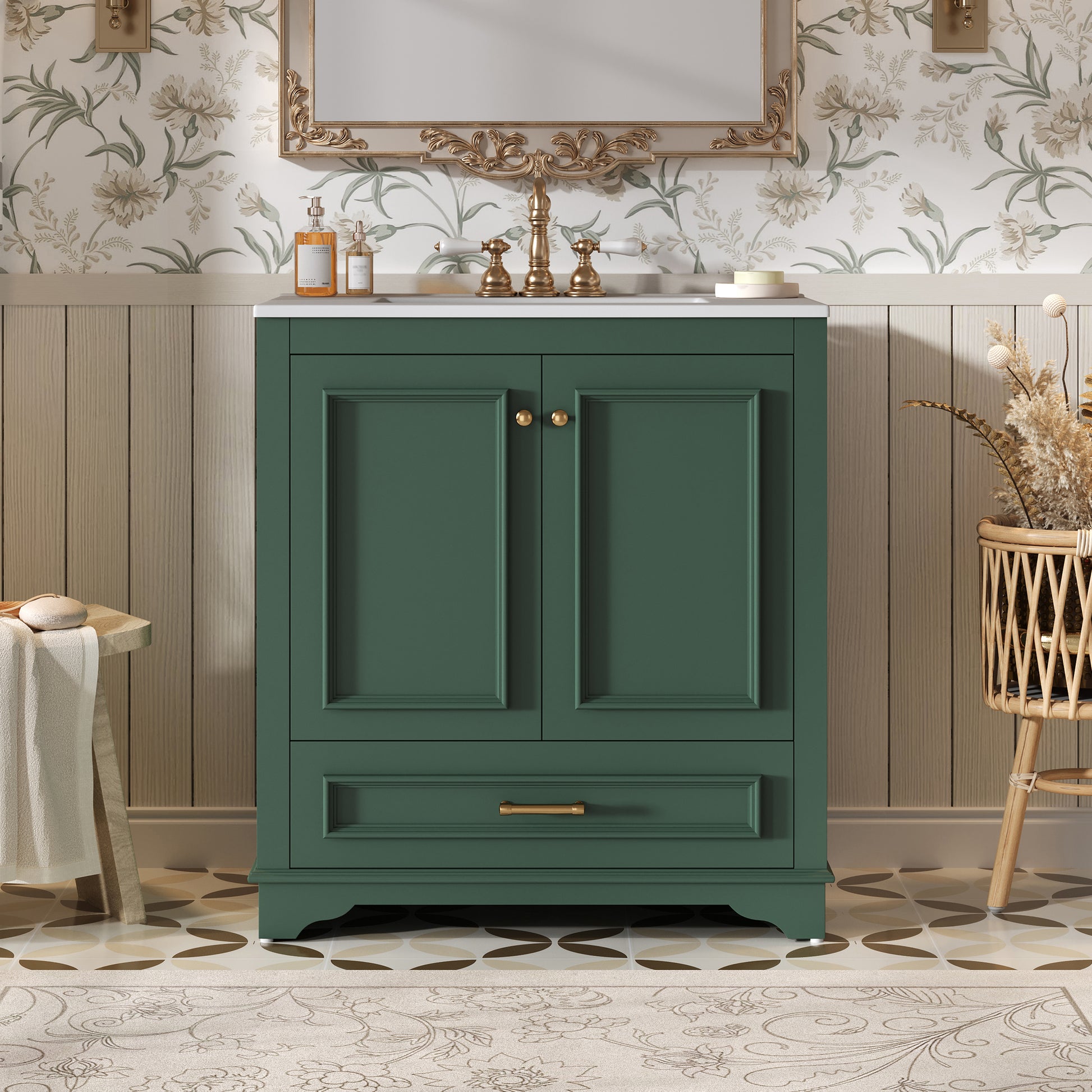 30 Luxurious Bathroom Vanity With Ceramic Sink, Bathroom Vanities Cabinet With 2 Large Soft Closing Doors, Solid Wood Frame Bathroom Storage Cabinet