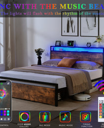 Queen Size Bed Frame With Storage Headboard And 2 Drawers, LED Lights Bed With Charging Station