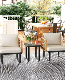 3 Piece Metal Bistro Set, Small Patio Furniture Set With Cushions, Armchairs, Slatted Table For Backyard Balcony, Beige