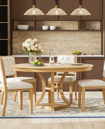 TREXM 5-Piece Retro Functional Dining Table Set Extendable Round Table And 4 Upholstered Chairs For Dining Room And Living Room  Natural