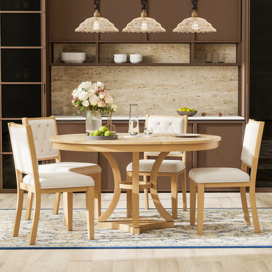 TREXM 5-Piece Retro Functional Dining Table Set Extendable Round Table And 4 Upholstered Chairs For Dining Room And Living Room  Natural