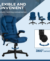 6 Point Executive Office Chair with Heat, Velvet High Back Vibrating Massage Office Chair, Drak Blue