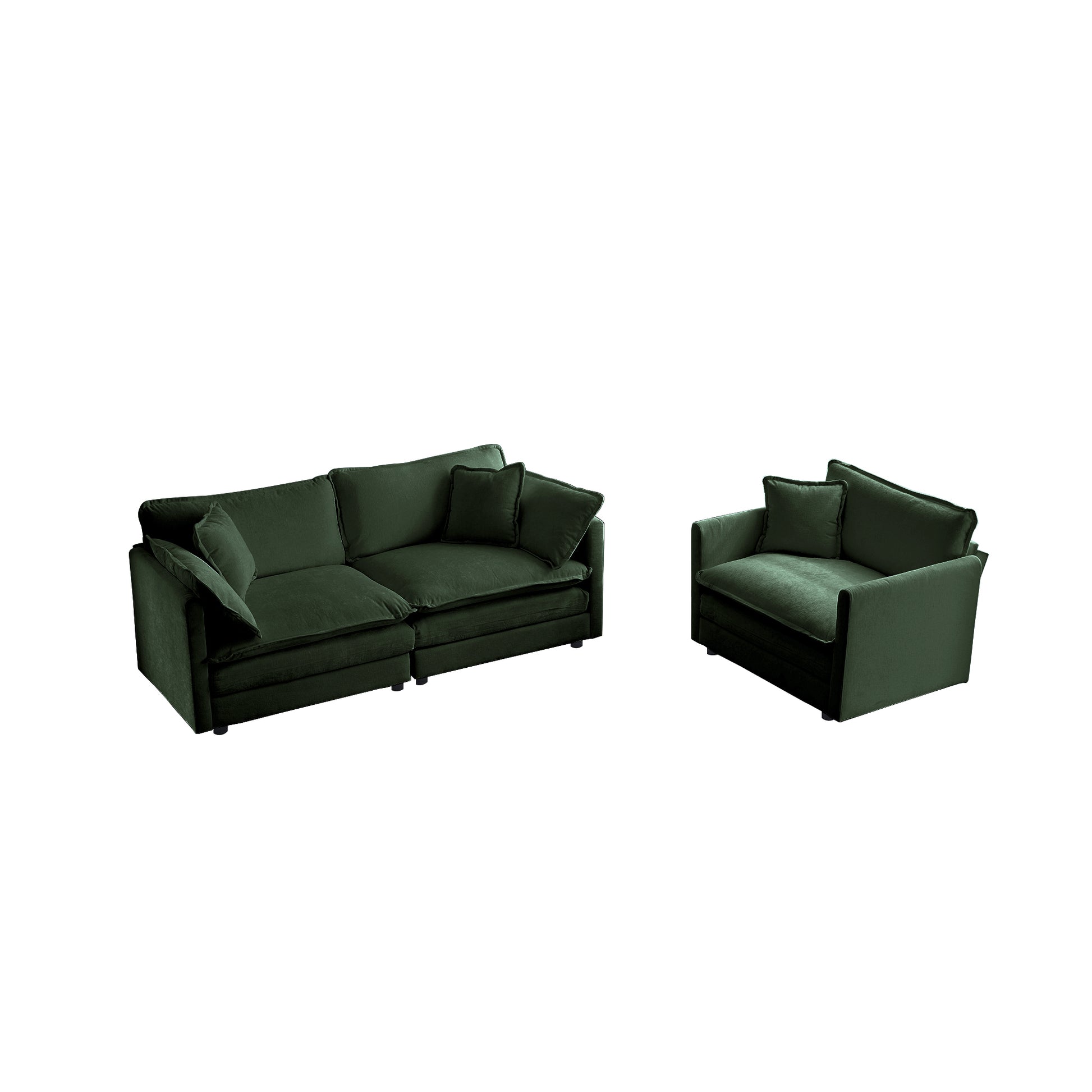 2 Seater Loveseat And Chair Set, 2 Piece Sofa & Chair Set, Loveseat And Accent Chair , 2-Piece Upholstered Chenille Sofa Living Room Couch Furniture 1-2 Seat  ,Green Chenille