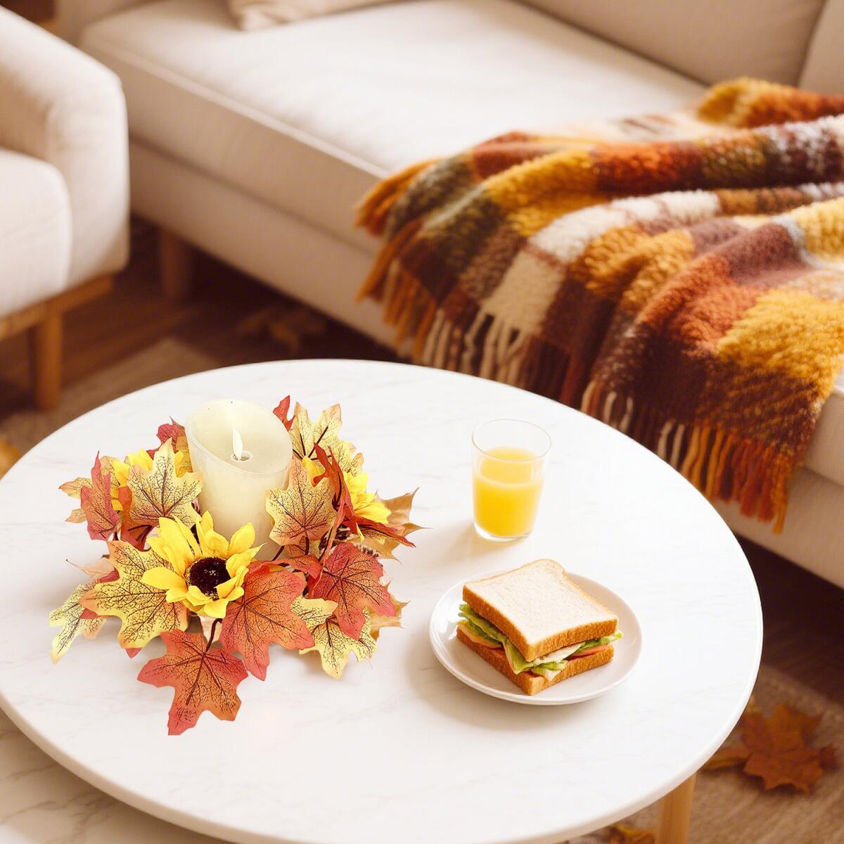 2 Pcs 9.8 Inch Fall Candle Rings Wreaths Candlestick Decorative Rattan Garland Maple Leaf Berries Sunflowers Candle Rings Autumn Wedding Parties Centerpieces - CJDS - FC