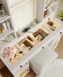 43.2 Vanity Desk With LED Mirror And Lights, Glass Top Vanity With RGB Glass Light Cabinets, Dressing Table With 5 Drawers ,Storage Shelves And Stool For Bedroom, White - CJDS