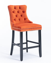 Contemporary Velvet Upholstered Barstools With Button Tufted Decoration And Wooden Legs, And Chrome Nailhead Trim, Leisure Style Bar Chairs,Bar Stools, Set Of 2 Orange,SW2002OG