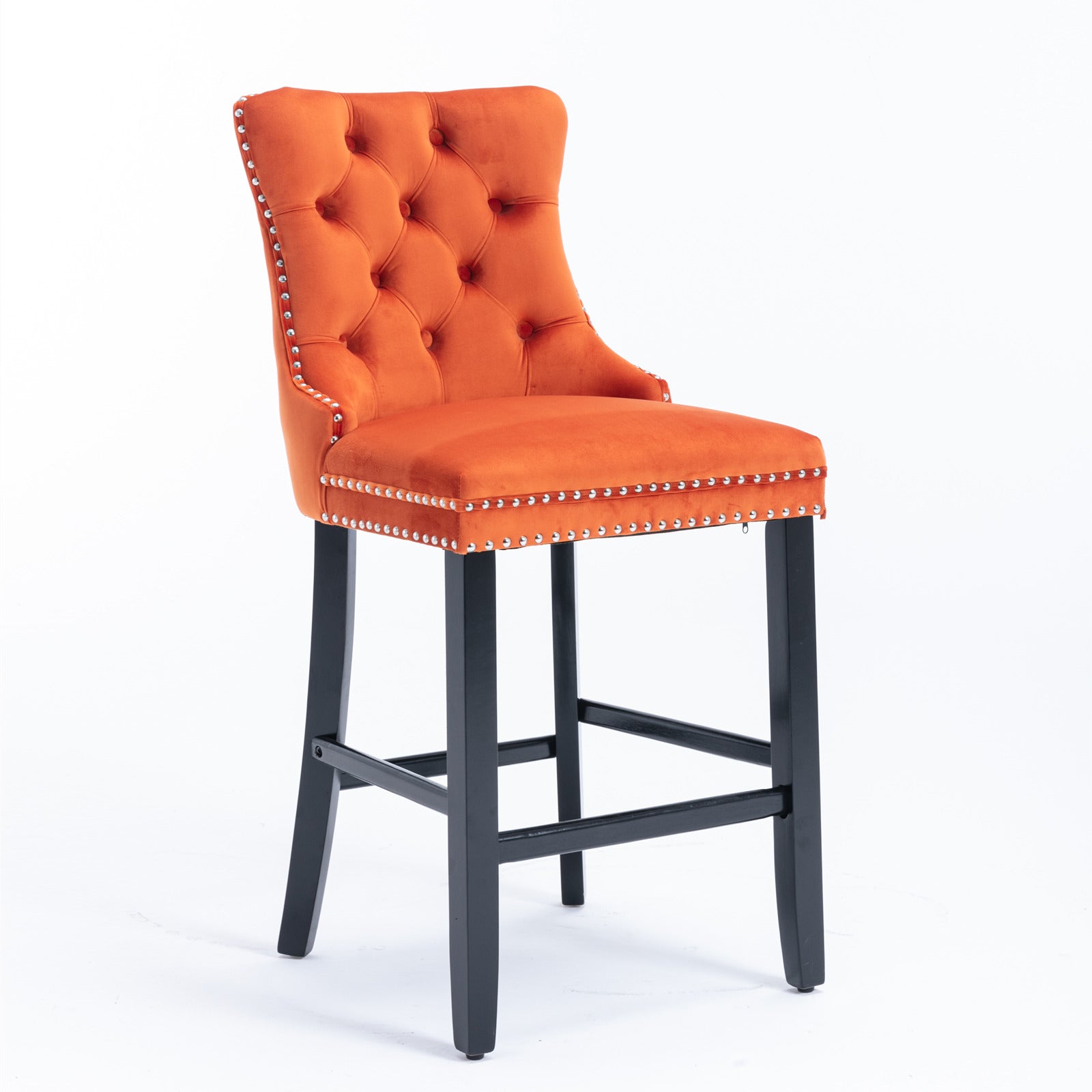 Contemporary Velvet Upholstered Barstools With Button Tufted Decoration And Wooden Legs, And Chrome Nailhead Trim, Leisure Style Bar Chairs,Bar Stools, Set Of 2 Orange,SW2002OG