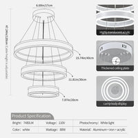 Modern LED Chandeliers Adjustable Hanging White Pendant Light Fixture 3 Ring Flush Mount Chandeliers for Bedroom,Kitchen,Island Cafe
