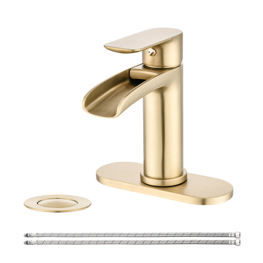 Waterfall Bathroom Faucet Single Handle Bathroom Sink Faucets 1 Or 3 Hole Solid Vanity Faucet With Deck Plate & Overflow Pop Up Drain Brushed Nickel