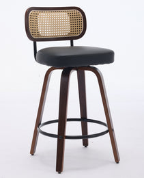 Set Of 2 Counter Height Bar Stools - 26 Inch Rattan Counter Height Stools With Cane Back, Upholstered Seat, Walnut Craftsmanship, Swivel Counter Stools For Island Kitchen Counter Bar Walnut Black