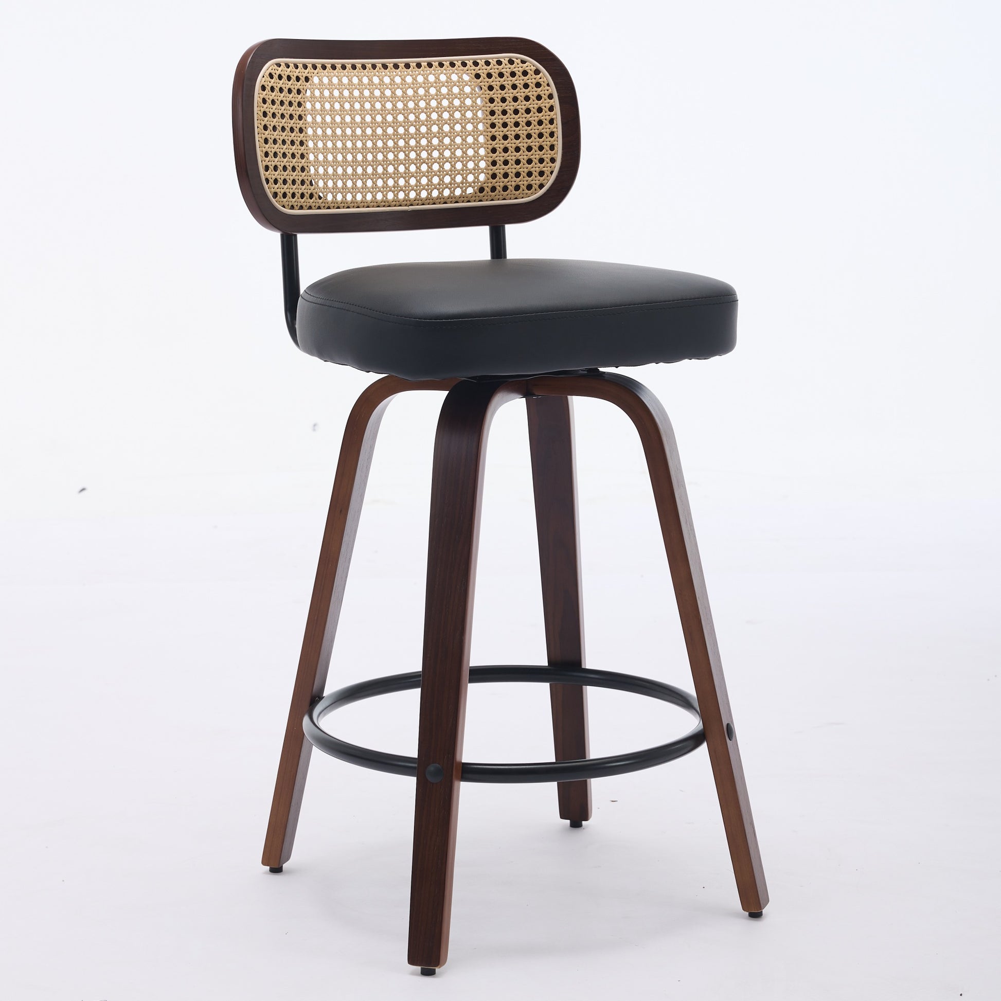 Set Of 2 Counter Height Bar Stools - 26 Inch Rattan Counter Height Stools With Cane Back, Upholstered Seat, Walnut Craftsmanship, Swivel Counter Stools For Island Kitchen Counter Bar Walnut Black