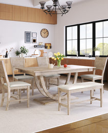 TOPMAx 6- Piece Wood Half Round Dining Table Set Kitchen Table Set With Long Bench And 4 Dining Chairs  Modern Style  Natural