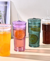 20 Oz 2-pack Purple Glass Straw Cup With Vertical Pattern Cup And Lid, High Borosilicate Heat-resistant Glass Cup For Juice, Milk And Cold Drinks