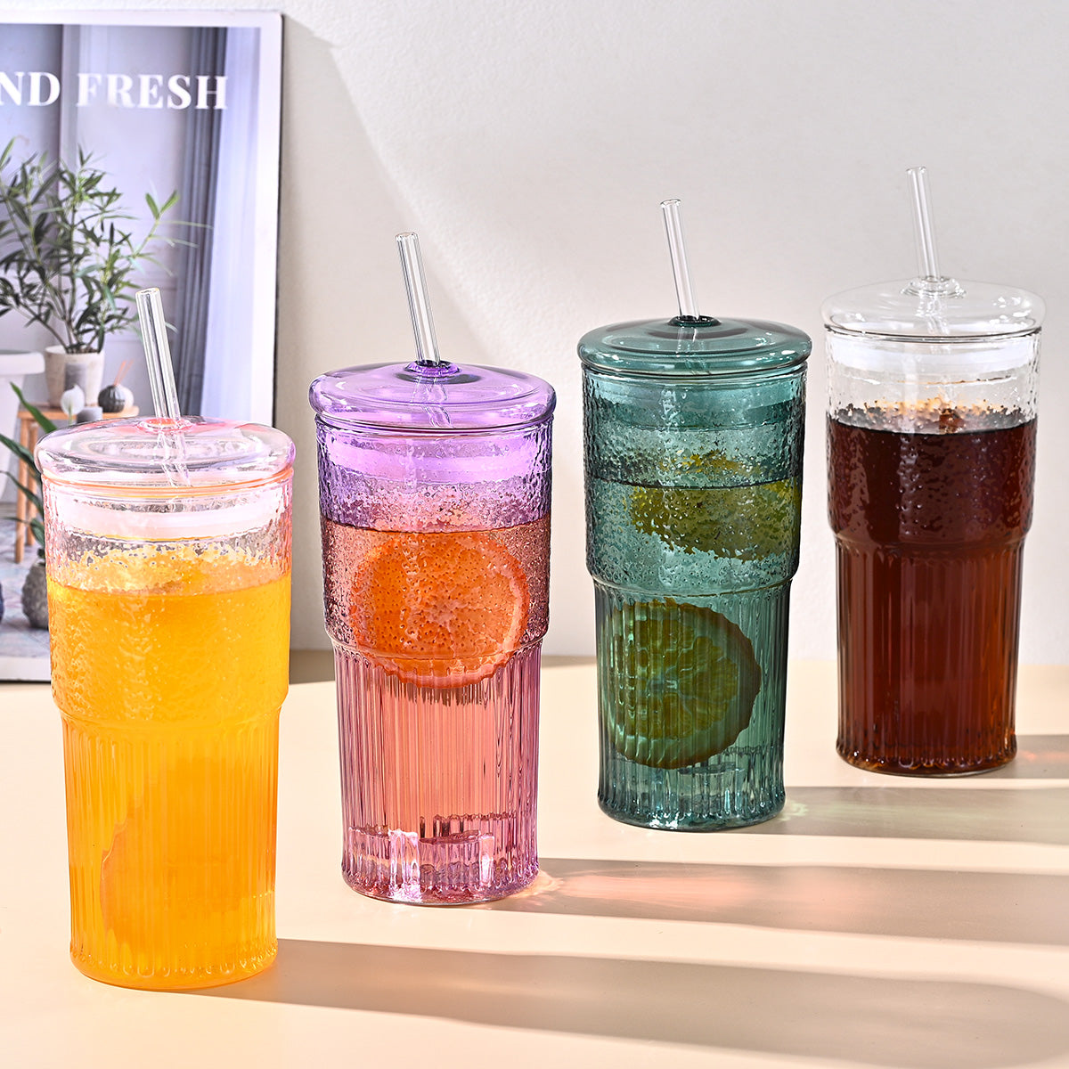 20 Oz 2-pack Purple Glass Straw Cup With Vertical Pattern Cup And Lid, High Borosilicate Heat-resistant Glass Cup For Juice, Milk And Cold Drinks