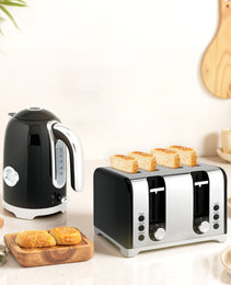 Retro Black Breakfast Set: 1.7L Rapid-Boil Kettle & 4-Slice Toaster – Vintage Curves with Real-Time Temperature Gauge