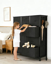 10-Drawer Dresser With Side Pocket & Hooks, Storage Cabinet With Wood Top For Bedroom Closet Organization