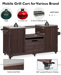 K&K 66.5 Outdoor Kitchen Island, Solid Wood Outdoor Grill Cart, Equipped With Stainless Steel Countertop And Drawers, Compatible With Large Green Egg Grill, Carducci Dark Brown.