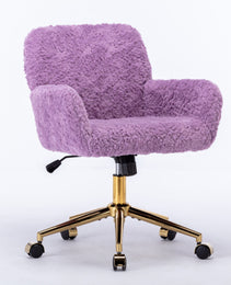 A&A Furniture Office Chair,Artificial Rabbit Hair Home Office Chair With Golden Metal Base,Adjustable Desk Chair Swivel Office Chair,Vanity Chair Violet