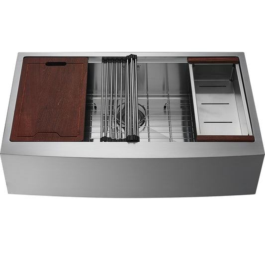 30" Stainless Steel Farmhouse Workstation Sink – 304 Grade Apron-Front Drop-In Basin with Integrated Ledge & Accessory Kit