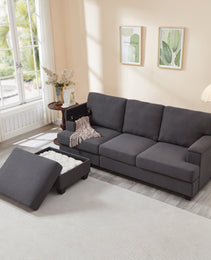 86'' L Shaped Couch With Armrest Organizer,3 Seats Sofas With Movable Ottoman,Comfy Sectional Sofa With Thick Cushion,Linen Sectional Couches For Living Room,Bedroom,Apartment,Dark Gray