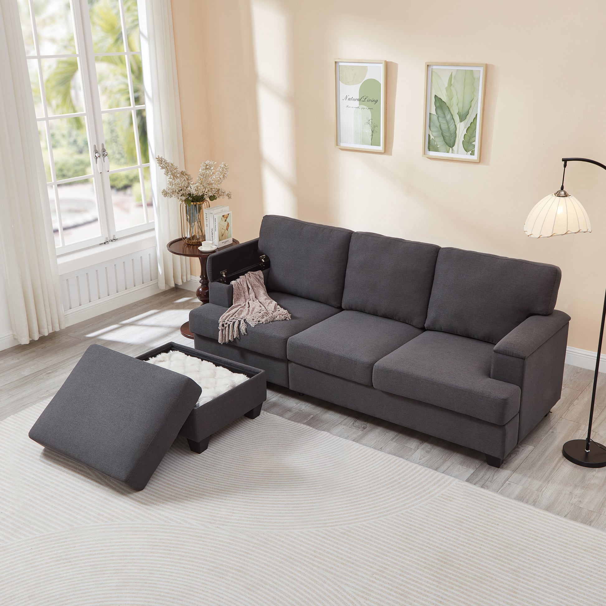 86'' L Shaped Couch With Armrest Organizer,3 Seats Sofas With Movable Ottoman,Comfy Sectional Sofa With Thick Cushion,Linen Sectional Couches For Living Room,Bedroom,Apartment,Dark Gray