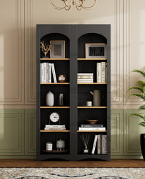 ON-TREND Free Standing 5 Tier Bookshelves, Bookcases Set Of 2, Farmhouse Two-Tone Storage Cabinet With Adjustable Shelves, Modern 72H Kitchen Pantry Cabinet For Living Room, Home Office, Black