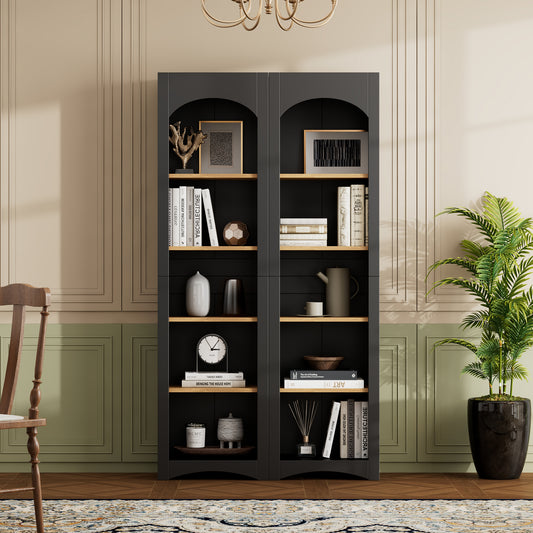 ON-TREND Free Standing 5 Tier Bookshelves, Bookcases Set Of 2, Farmhouse Two-Tone Storage Cabinet With Adjustable Shelves, Modern 72H Kitchen Pantry Cabinet For Living Room, Home Office, Black