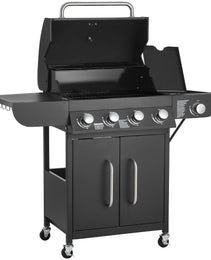 Gas Grill, 4 Burner Propane Gas Grill With Side Burner, 425 SQ.In Grilling Area, Carbon Steel Enamel Grates, Outdoor 52,000 BTU Patio Garden BBQ Grills With Two Side Shelves, Carbon Steel