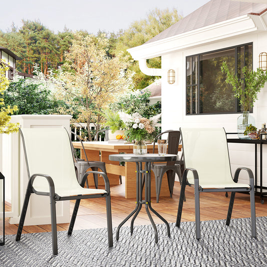 3 Pieces Bistro Set, Small Patio Furniture Set with Stackable Chairs and Glass Table for Backyard, Balcony, Beige