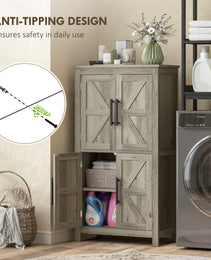 Bathroom Floor Storage Cabinet, Farmhouse Bathroom Cabinet with 4 Doors and Adjustable Shelf, Light Gray
