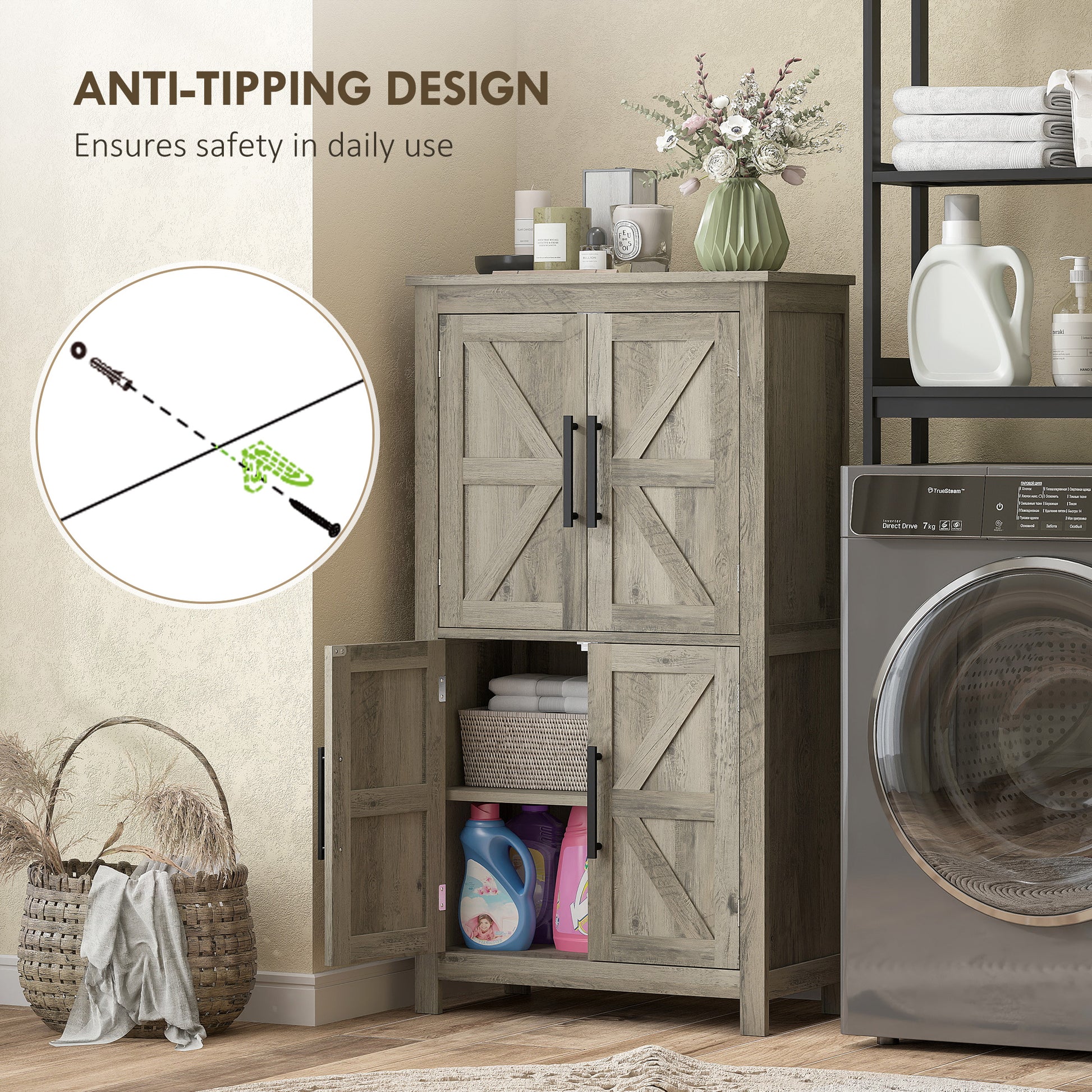 Bathroom Floor Storage Cabinet, Farmhouse Bathroom Cabinet with 4 Doors and Adjustable Shelf, Light Gray