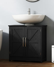 Farmhouse Pedestal Sink Storage Cabinet, Bathroom Sink Cabinet with 2 Barn Doors and Adjustable Shelf, Distressed Black