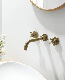 Double Handle Wall Mount Bathroom Faucet Brushed Gold