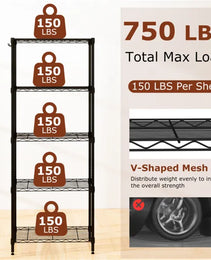 5-Tier Heavy-Duty Metal Wire Shelving, 750 LBS Total Load With Multi-Grade Per Shelf Capacity For Garage & Kitchen