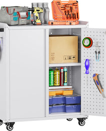 Metal Storage Cabinet With 2 Doors And 4 Hooks,Top Workbench Mobile Tool Chests Garage Cabinets With 4 Wheels And Lock Push Arm For Home,Office,Shop White