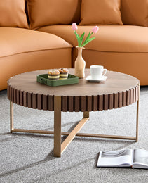 Modern Handcraft Drum Coffee Table 31.5 Inch Round Coffee Table For Living Room,Small Coffee Table With Sturdy Pedestal,Walnut