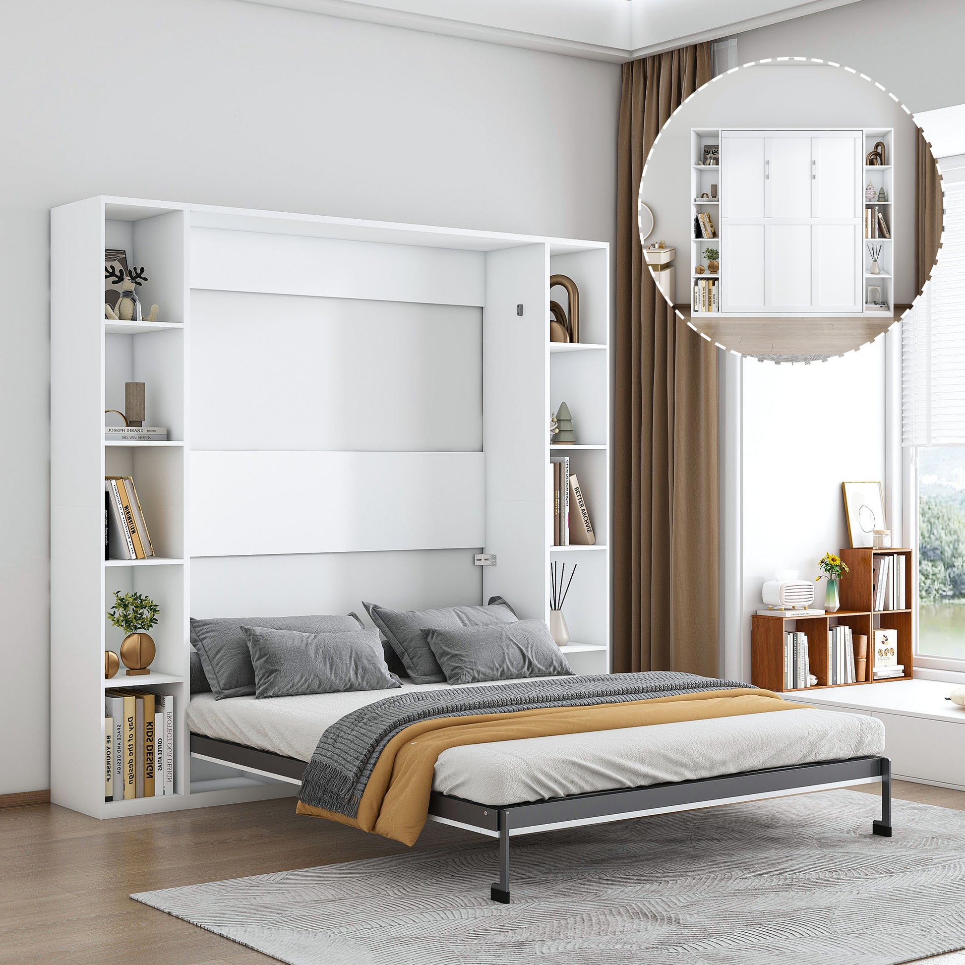 Queen Murphy Bed, 89.7-inch Foldable Wall Bed, With Storage Cabinet, With Hardware Bed Frame And Solid Wood Support Strips, Hidden Bed Frame, Suitable For Bedrooms, Guest Rooms, White