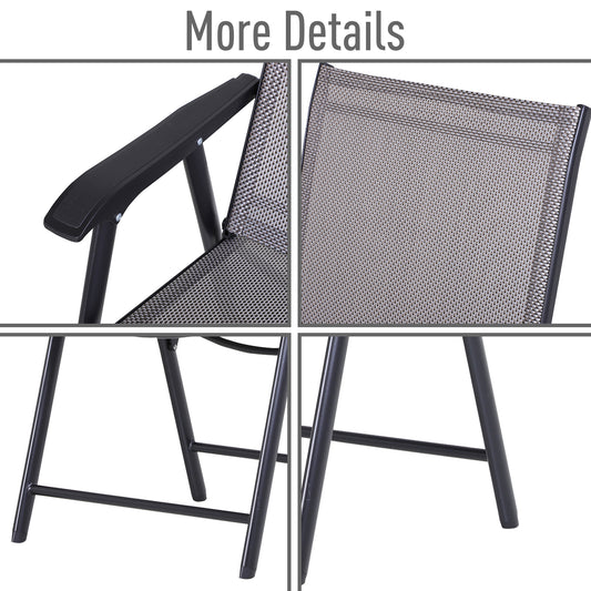 Set Of 4 Outdoor Folding Chairs, Stackable Patio Dining Chairs With Armrests, Metal Frame, Gray