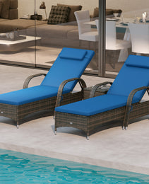 Patio Wicker Chaise Lounge Chair Set Of 2 With Table, Adjustable Backrest, Wheels, Cushion & Headrest, Blue