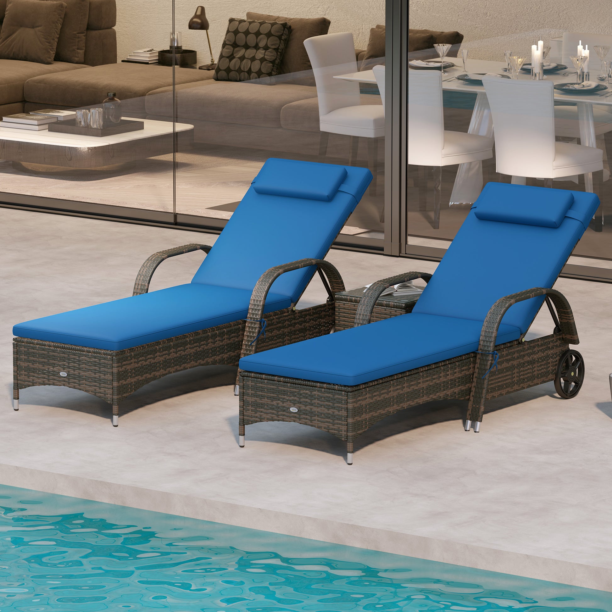 Patio Wicker Chaise Lounge Chair Set Of 2 With Table, Adjustable Backrest, Wheels, Cushion & Headrest, Blue
