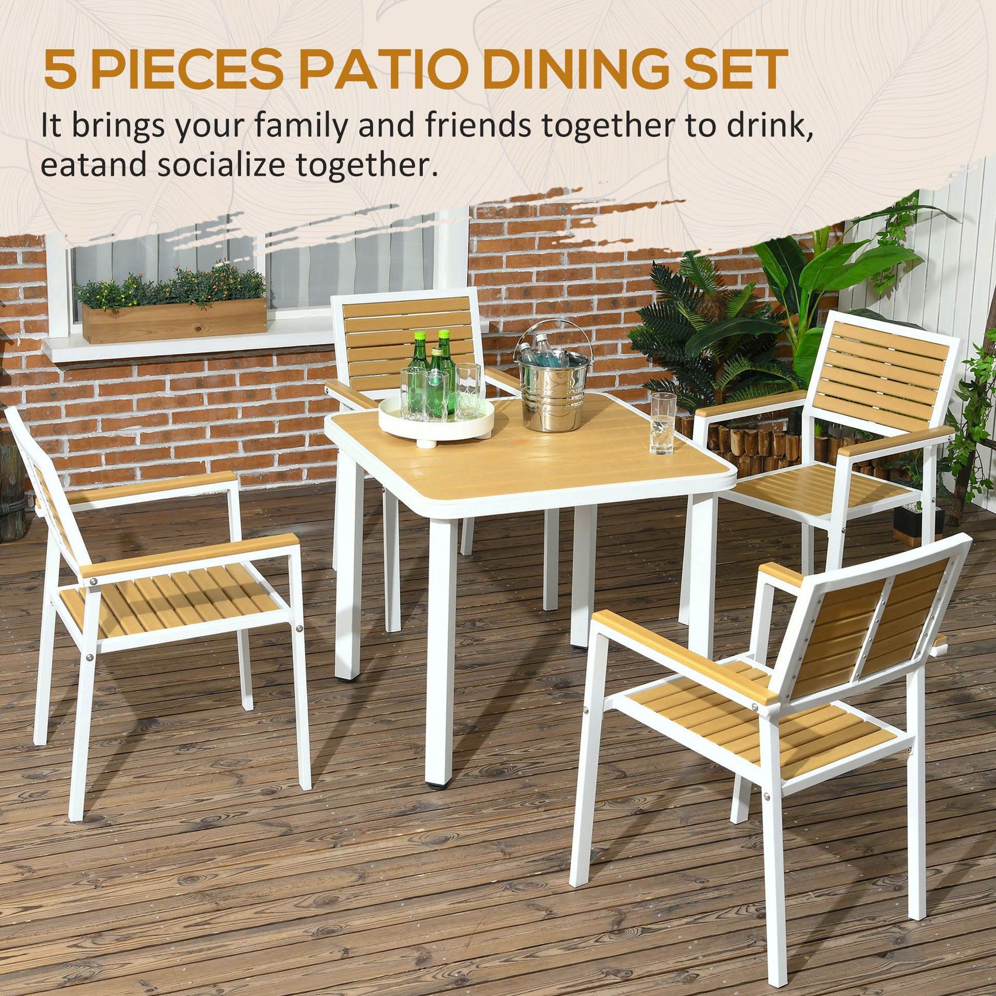 5pc Patio Table and Chairs Set, Aluminum Patio Dining Set w/ HDPE Materials, Umbrella Hole, Yellow