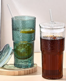 20 Oz 2-pack Glass Straw Cup With Vertical Pattern Cup And Lid, High Borosilicate Heat-resistant Glass Cup For Juice, Milk And Cold Drinks
